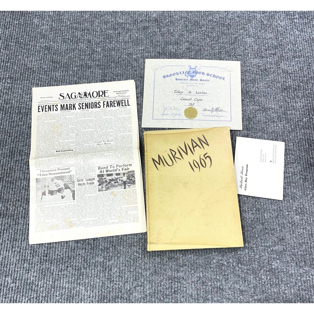 Brookline High School Murivian 1965 Yearbook + Program Music Certificate Paper